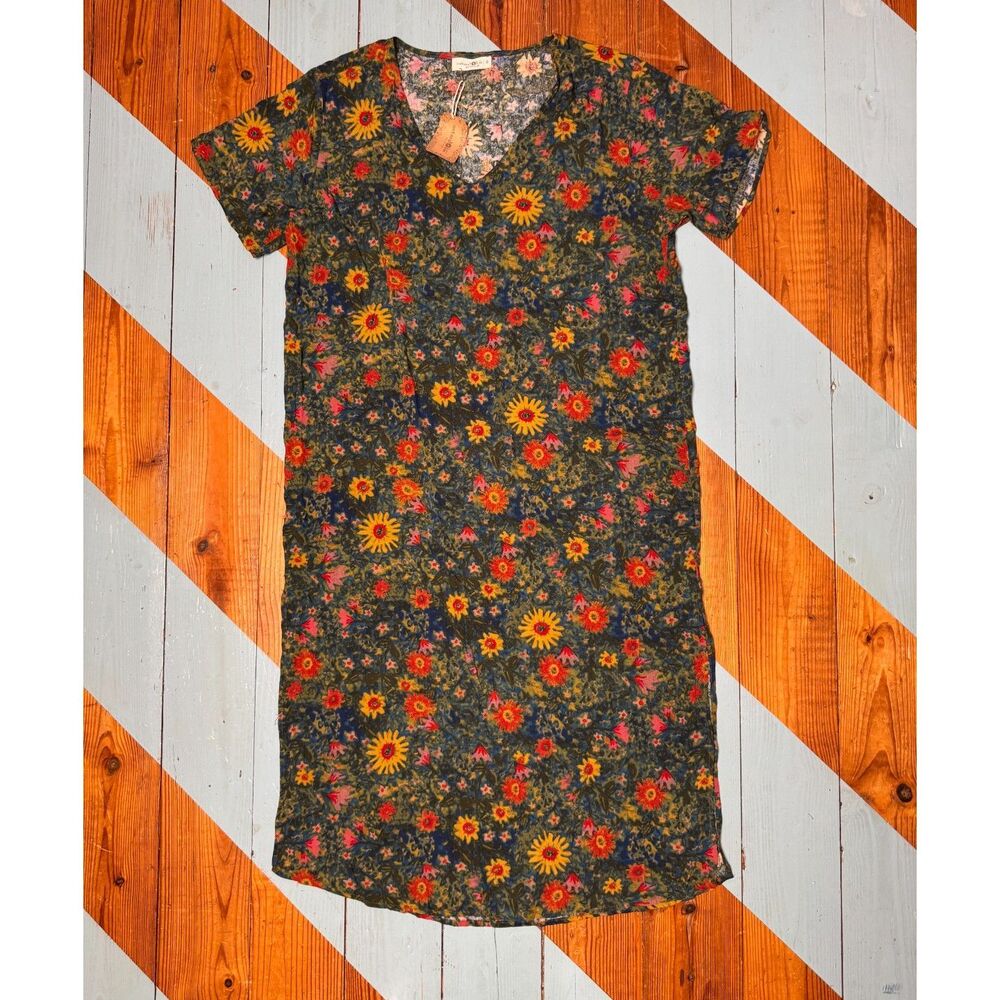 Natural Life Sunflower Floral Midi Dress Boho V Neck Short Sleeve Flowy Dress - Picture 2 of 8